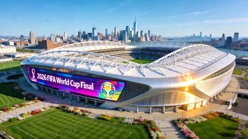 纽约大都会体育场外部全景图，2026年世界杯决赛举办场地