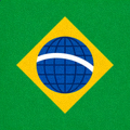 巴西国旗，绿色底上有一个黄色菱形，菱形中间是蓝色天球仪和一条拱形白带