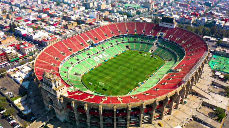 墨西哥城阿兹特克体育场航拍全景，历史悠久的世界杯场馆