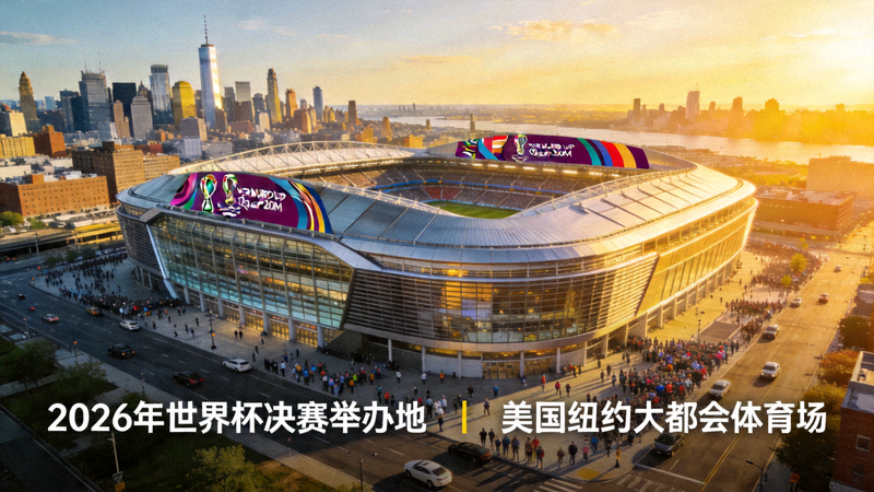 美国纽约大都会体育场外部全景，2026年世界杯决赛举办地
